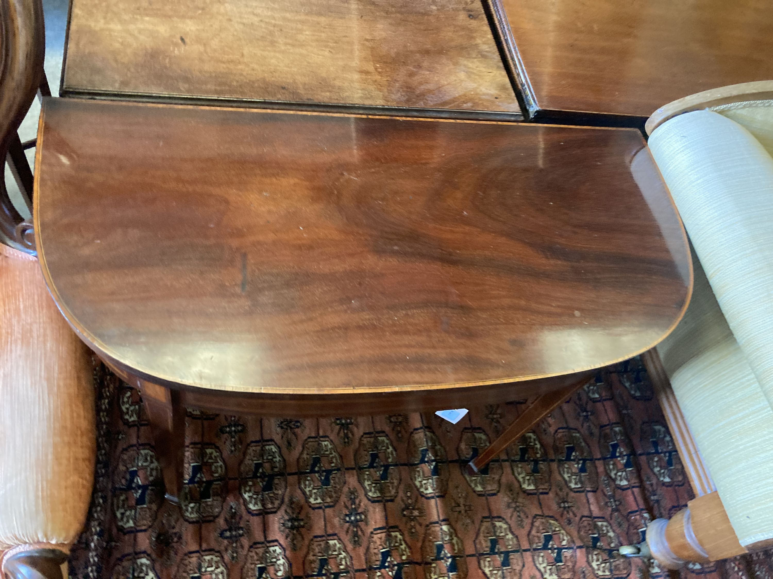 A George III line-inlaid mahogany D-shaped card table with folding top, width 90cm, depth 44cm, height 73cm